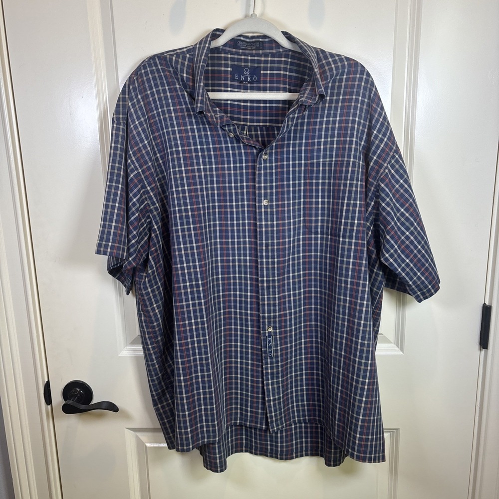 ENRO Chatham Cloth Button Down Shirt Mens 2XL Big Navy Check Plaid Short Sleeve